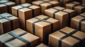 A collection of wrapped gift boxes with black ribbons. photo