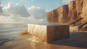 A large stone block on a serene beach landscape. photo