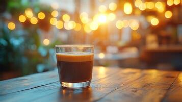 A glass of coffee on a wooden table. photo