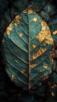 A detailed leaf with a textured, colorful surface. photo