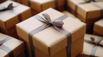 A collection of wrapped gift boxes with ribbons. photo