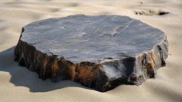 A flat, dark stone on sandy terrain. photo