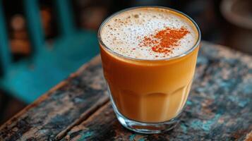 A glass of frothy chai with a sprinkle of spice. photo