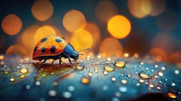 A ladybug on a leaf with dew drops. photo