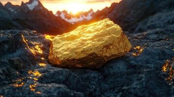 A golden rock glimmers against a mountain backdrop. photo
