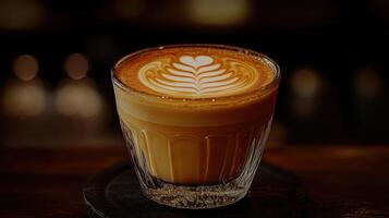 A latte with intricate foam art in a glass cup. photo