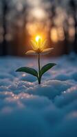 A flower blooming in snow with sunset backdrop. photo