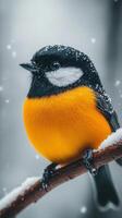 A lone colorful bird perched on a snowy branch. photo