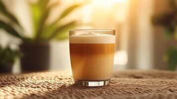 A latte in a glass on a textured surface. photo