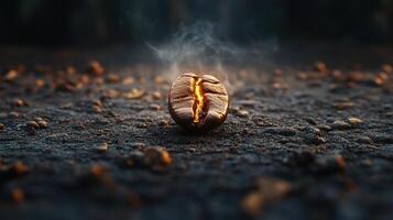 A glowing coffee bean on textured ground. photo