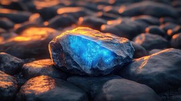 A glowing blue mineral on a rocky surface. photo