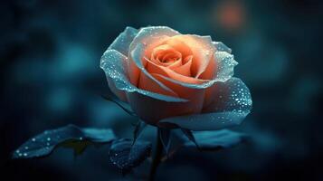 A delicate rose with dew in a dark background. photo