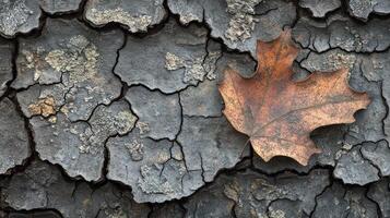A dry leaf on cracked, textured bark. photo