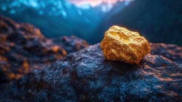 A golden rock on a rugged surface in nature. photo