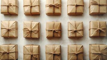 A collection of neatly wrapped gift boxes. photo