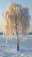 A frosted tree in a snowy landscape. photo