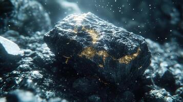 A dark rock with glowing veins in an underwater setting. photo