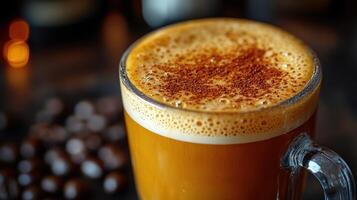 A frothy coffee drink topped with spices. photo
