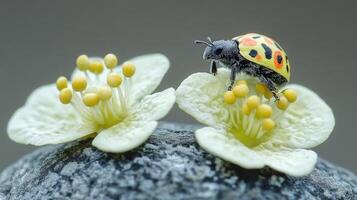 A ladybug on yellow flowers atop a stone. photo