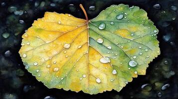A colorful leaf with water droplets on it. photo
