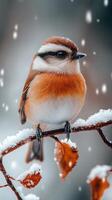 A beauty colorful bird perched on a snowy branch. generated photo