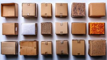 A collection of various cardboard boxes arranged neatly. photo