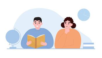 Students listen to lessons, gain knowledge. Boy and girl at school, academy sit at desk. flat graphics. vector
