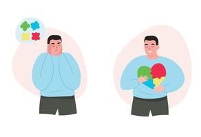 A person with autism can't collect his thoughts, it's hard and unclear in the world. Acceptance of diagnosis, feel calm, positive. flat graphics. vector
