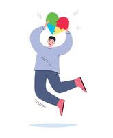 Positive young guy jumping holding colorful puzzle heart in his hands. Symbol of autism, self-acceptance, mental diversity. flat graphics. vector