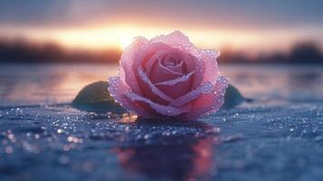 A pink rose with dew on water at sunrise. photo