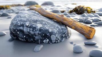 A smooth stone with a driftwood piece on a beach. photo