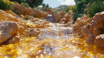 A serene stream flowing through rocky terrain. photo