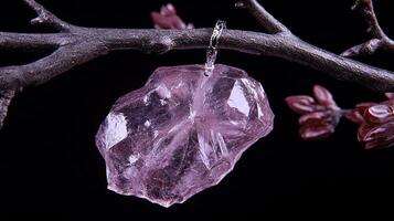 A pink crystal pendant hanging from a branch. photo