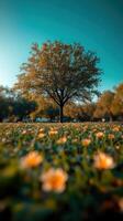 A serene landscape with a tree and blooming flowers. photo