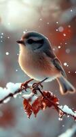 A small bird perched on a snowy branch. generated photo