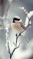 A beauty small bird perched on a snowy branch. photo