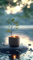 A small plant growing in a pot on a serene water surface. photo