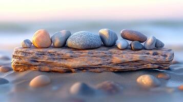 A log with pebbles on a sandy beach. photo