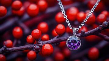 A purple gemstone pendant on red berries. photo