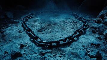 A large chain lying on the ground in a dark setting. photo