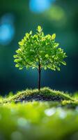 A small green tree on a mossy mound. photo