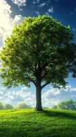 A lush tree stands on a green hillside under clouds. photo