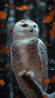A snowy owl perched in a wintery forest setting. photo