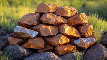 A pile of orange and gray rocks in a grassy area. photo