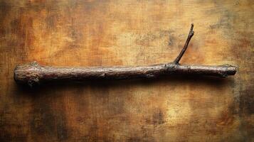 A rustic stick on a textured wooden surface. photo