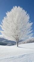 A snow tree covered in snow against a blue sky. generated photo