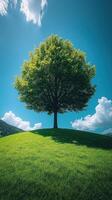 A solitary tree on a grassy hill under blue skies. generated photo