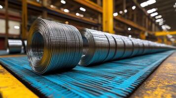 Coiled metal wire rolls in an industrial setting. photo