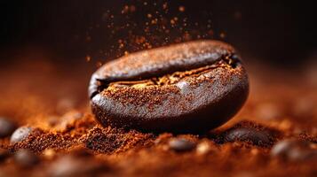 Coffee bean surrounded by ground coffee particles. photo