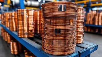 Copper wire coils stacked in an industrial setting. photo